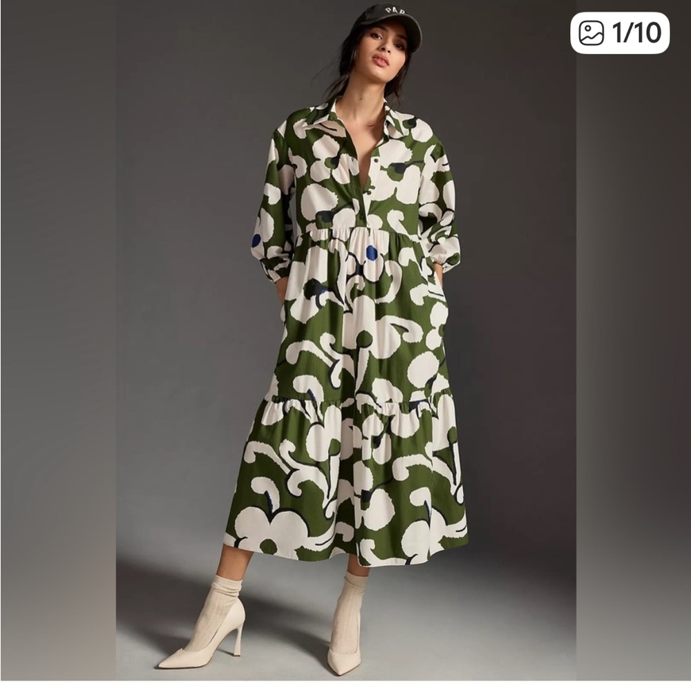 Anthropologie Green and White Bettina Floral Maxi Shirt Dress